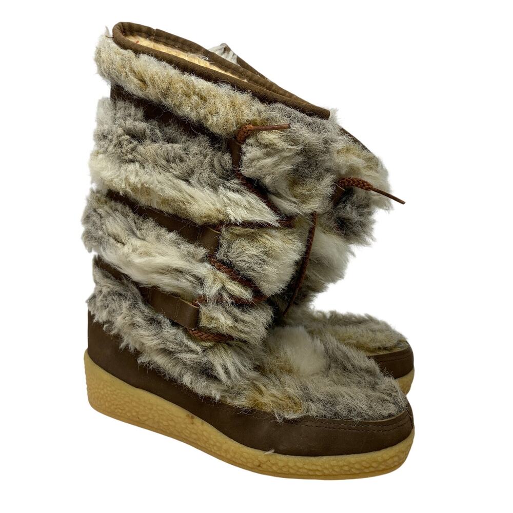 Vintage Snowland Womens Size 7 Faux Fur Snow Boots Brown Après Ski 70s